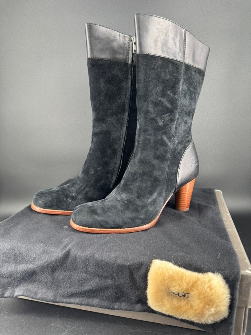 UGG Australia Stella 5474 Boots Womens 9.5 Black Suede Leather Heels NIB